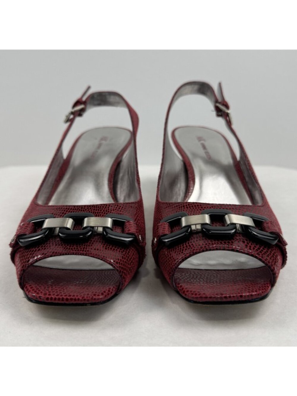 Anne Klein AK Sindri Slingback Heels Womens Size 9.5M Red Snakeskin Peep Toe - Picture 2 of 12